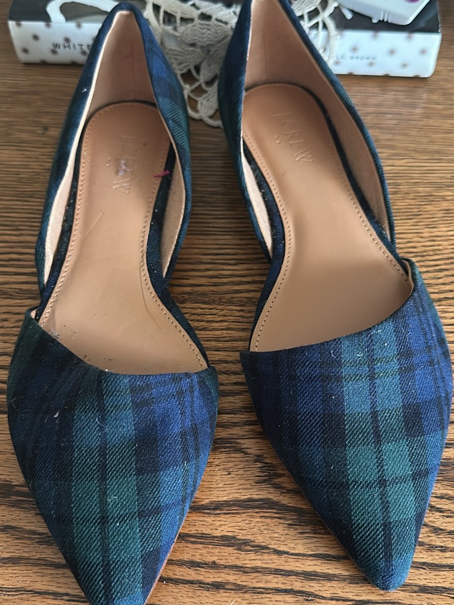 J. Crew Navy And Green Plaid Pointed D'orsay Flats